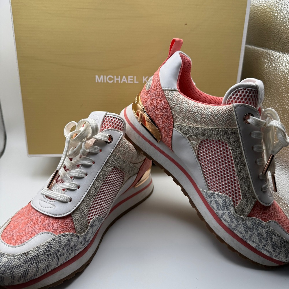 Michael Kors Womens Low Top Sneakers Coral White Logo Mesh Trainers Rose Gold